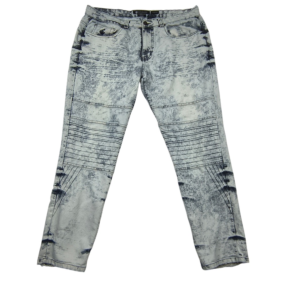 Rocawear Mens Slim Fit Moto Biker Jeans Acid Wash Blue White 36x32 RN64866